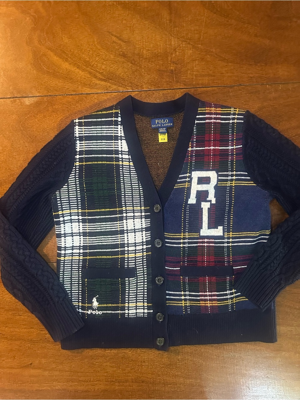 Polo Ralph Lauren Boys Plaid Cardigan Sweater RL Varsity Cable Knit Preppy